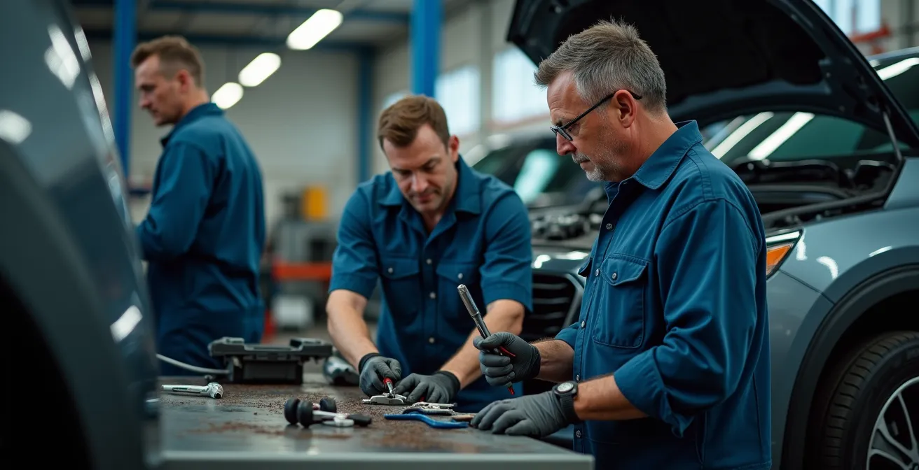 Photo réaliste de l’atelier JM Autos avec mécaniciens experts réparant un véhicule accidenté, éclairage professionnel et ambiance soignée