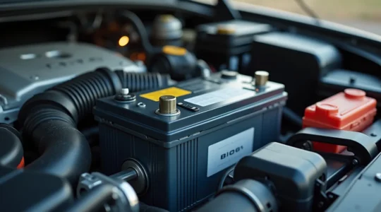 Vue d'un moteur de voiture avec le compartiment batterie ouvert et les outils de mécanicien à proximité