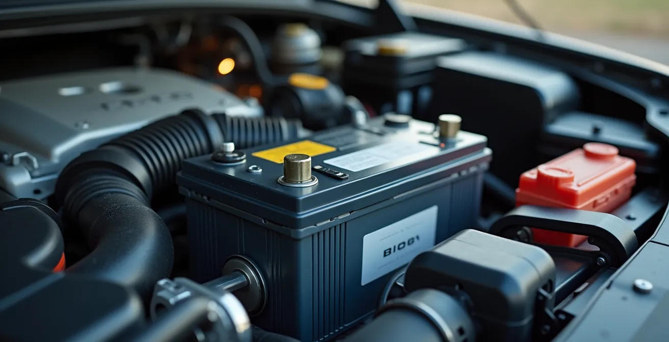 Vue d'un moteur de voiture avec le compartiment batterie ouvert et les outils de mécanicien à proximité