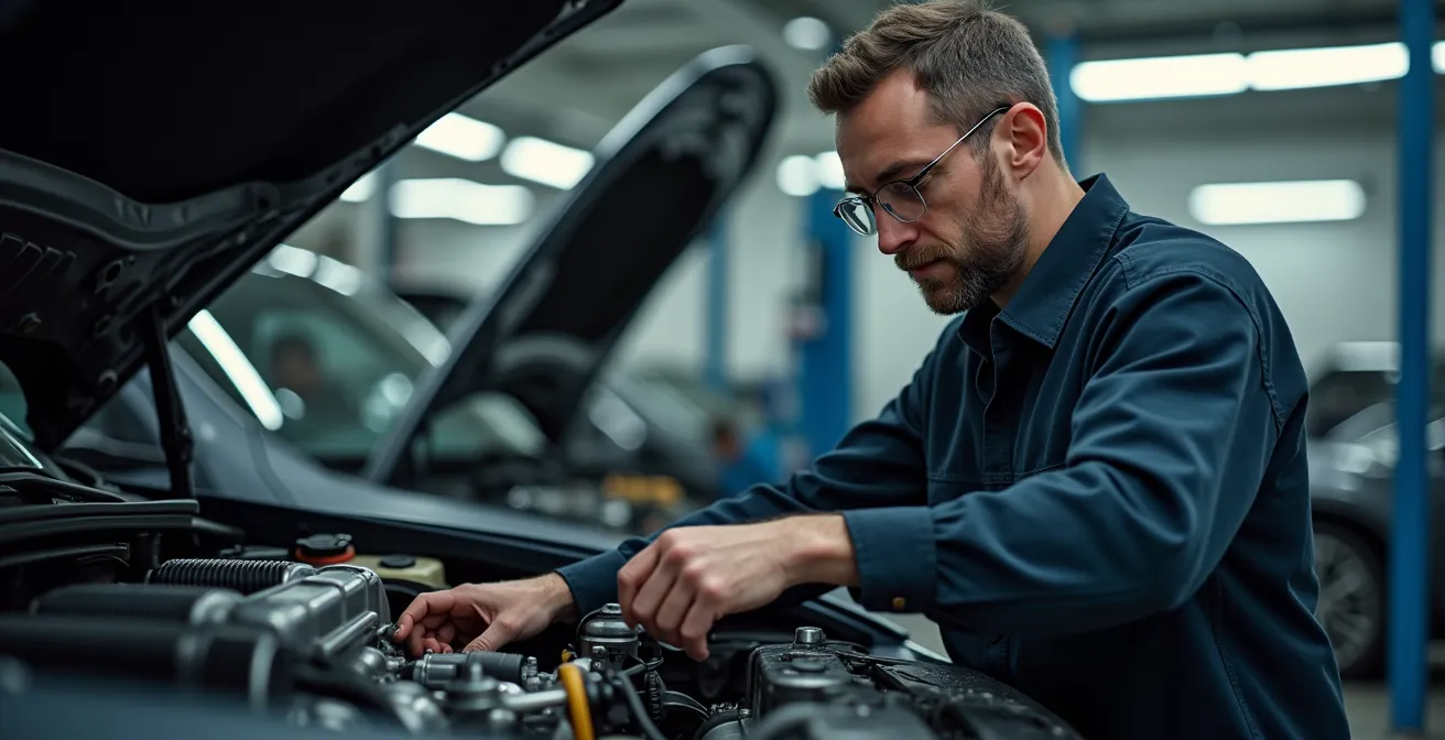Détail photographique d’un expert automobile inspectant la mécanique d’un véhicule VGE dans un garage, éclairage cinématographique