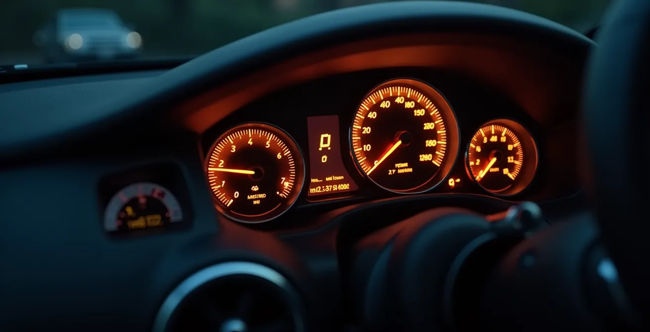 Gros plan sur un tableau de bord de voiture avec voyants d'alerte illuminés et multimètre affichant une mesure