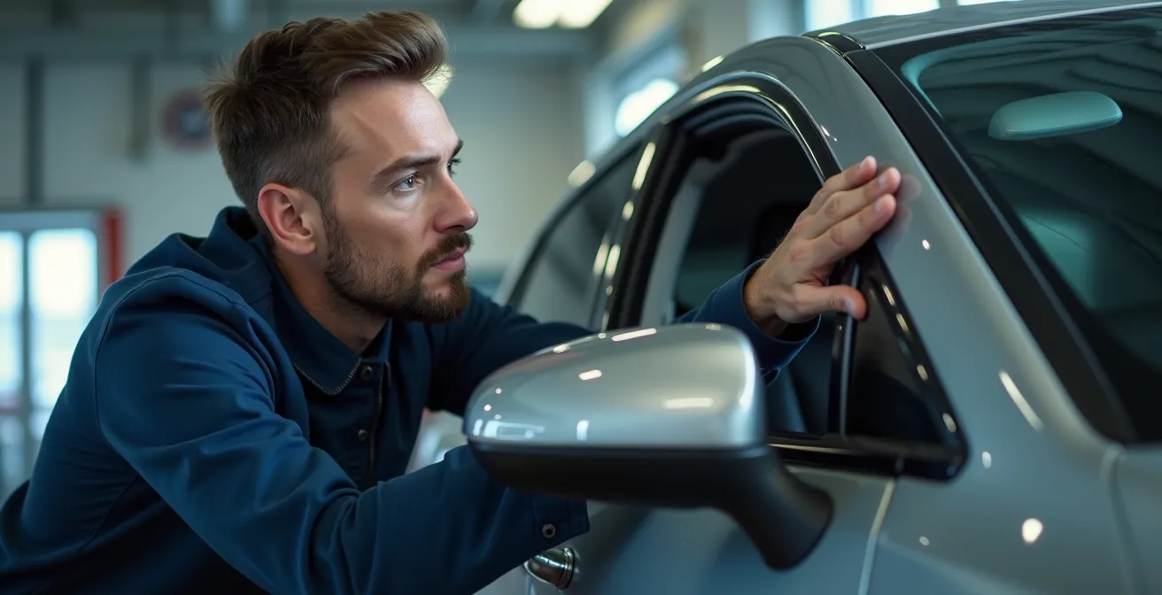 Photographie d’un expert automobile indépendant examinant un véhicule accidenté avant vente, lumière douce et cadrage précis