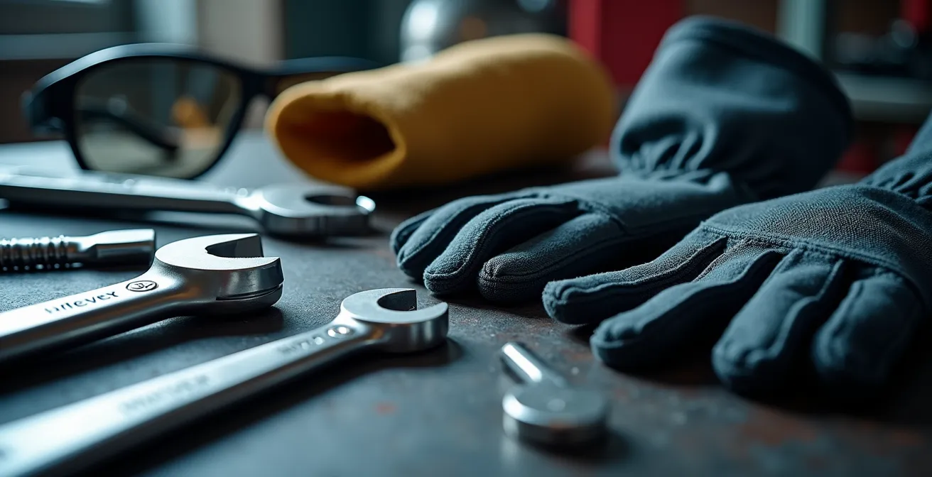 Disposition ordonnée d'outils de mécanicien et équipements de sécurité sur un établi d'atelier