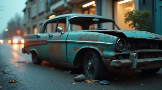 Photo réaliste d'un véhicule accidenté en lumière cinématographique avec textures fines et bokeh naturel, fond propre avec espace négatif