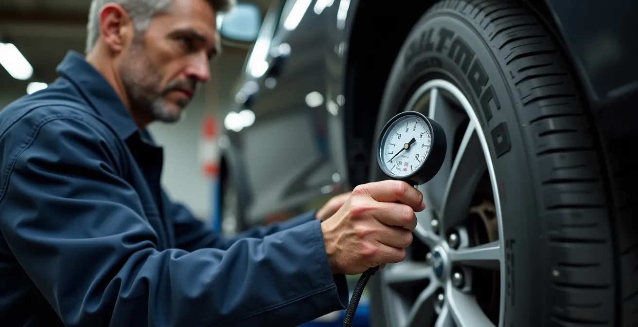 Mécanicien professionnel vérifiant la pression d'un pneu dans un atelier de pneumatiques