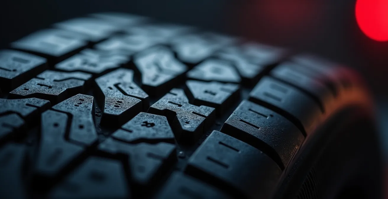 Détail macro d'une sculpture de pneu Michelin montrant la profondeur et la texture