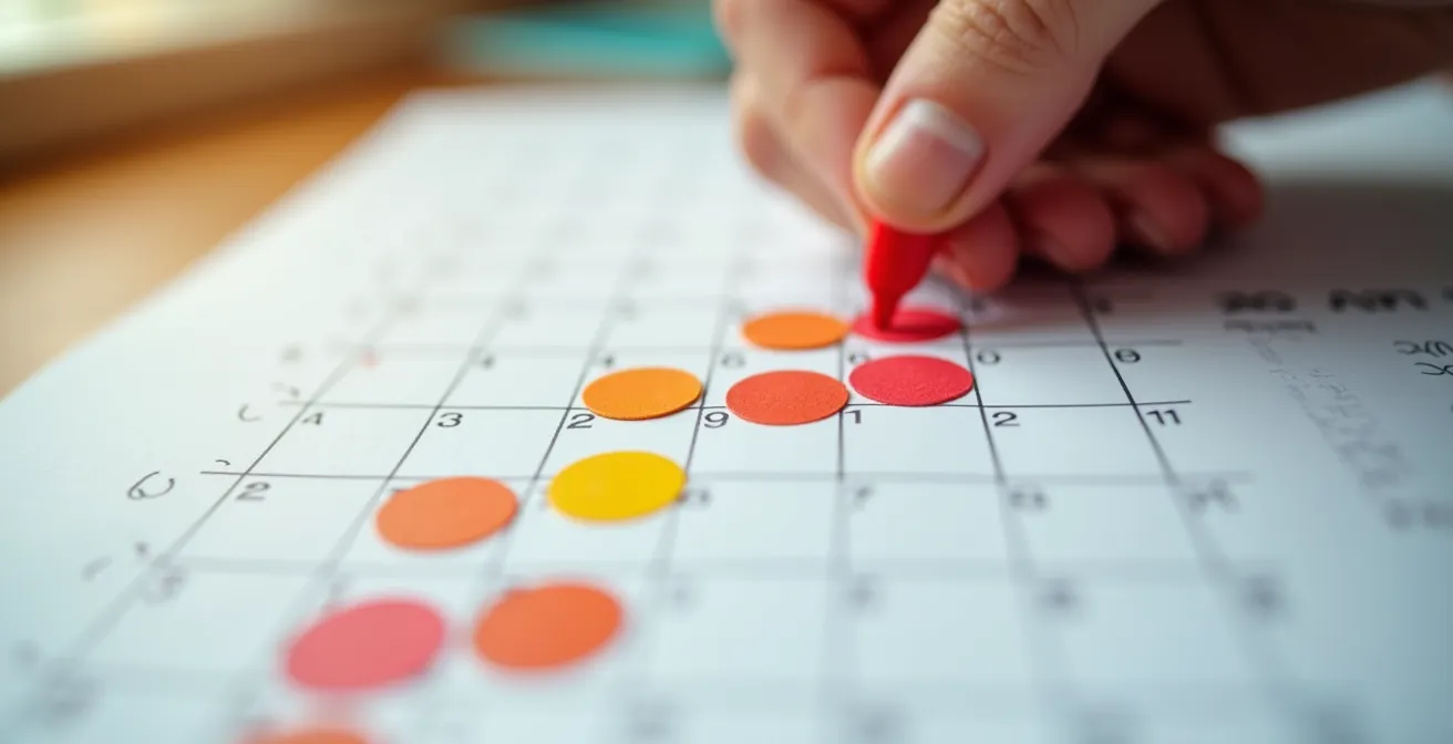 Calendrier avec marqueurs colorés et calculatrice sur un bureau moderne