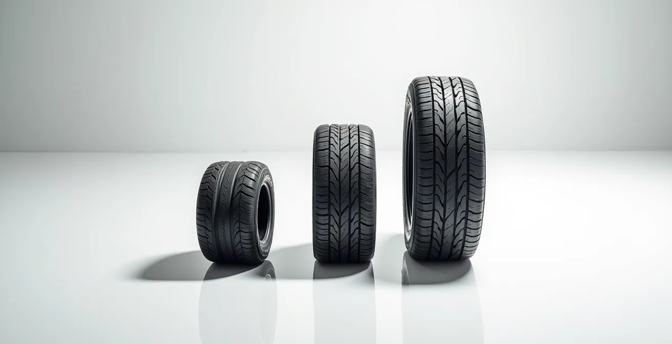 Gros plan sur trois bandes de roulement de pneus aux profondeurs différentes