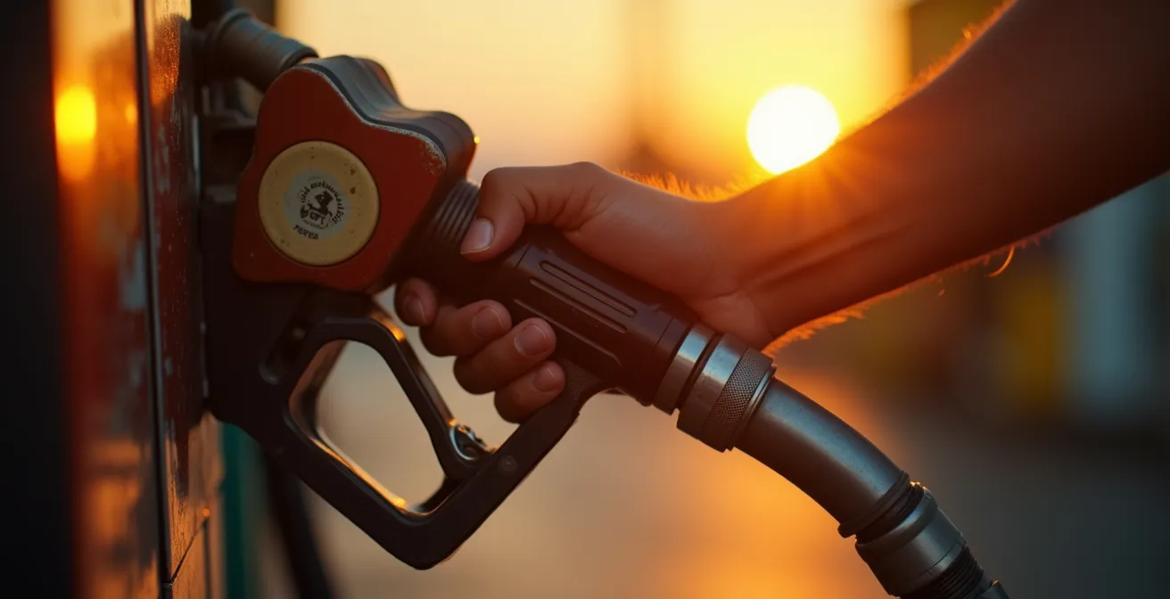 Main tenant une pompe à essence avec reflets dorés symbolisant les économies