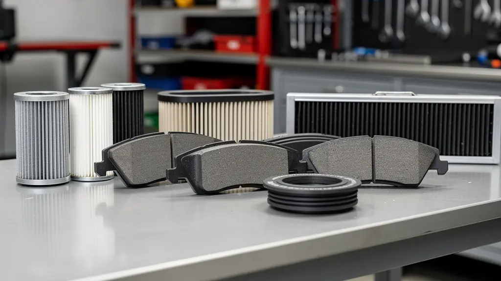 Pièces de rechange automobiles neuves disposées sur un établi professionnel