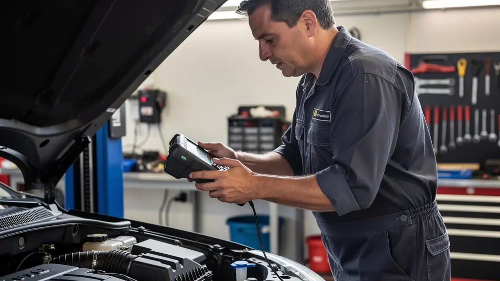 Technicien automobile réalisant un diagnostic moteur dans un atelier professionnel