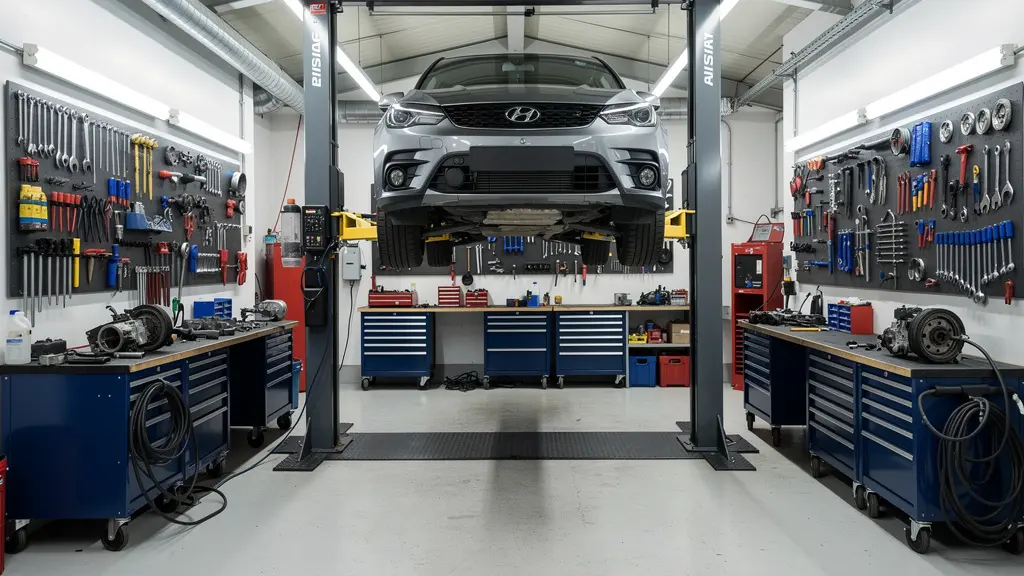 Voiture surélevée sur pont dans un atelier de réparation automobile moderne