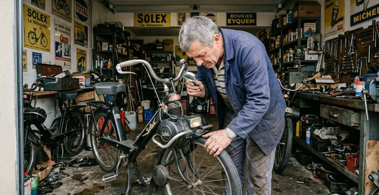 Mécanicien examinant le moteur d'un Solex dans son atelier de restauration