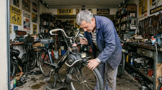Mécanicien examinant le moteur d'un Solex dans son atelier de restauration