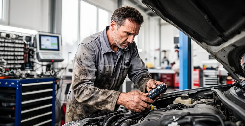 Automobiliste inspectant le compartiment moteur avec un outil de diagnostic dans un atelier moderne