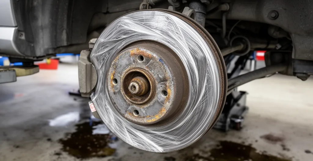 Disque de frein voilé présentant des marques d'usure anormale sur véhicule en atelier