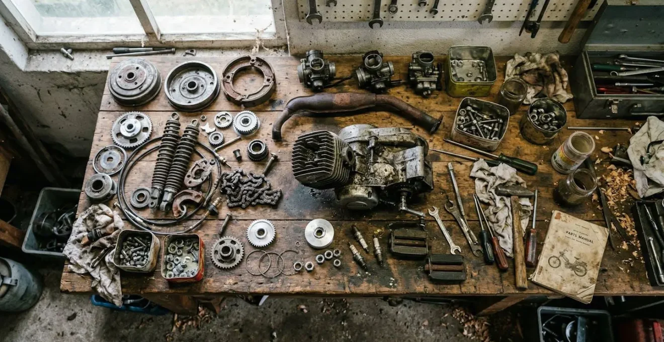 Plusieurs pièces mécaniques étalées sur un établi en bois, certaines brillantes et neuves, d'autres patinées par le temps