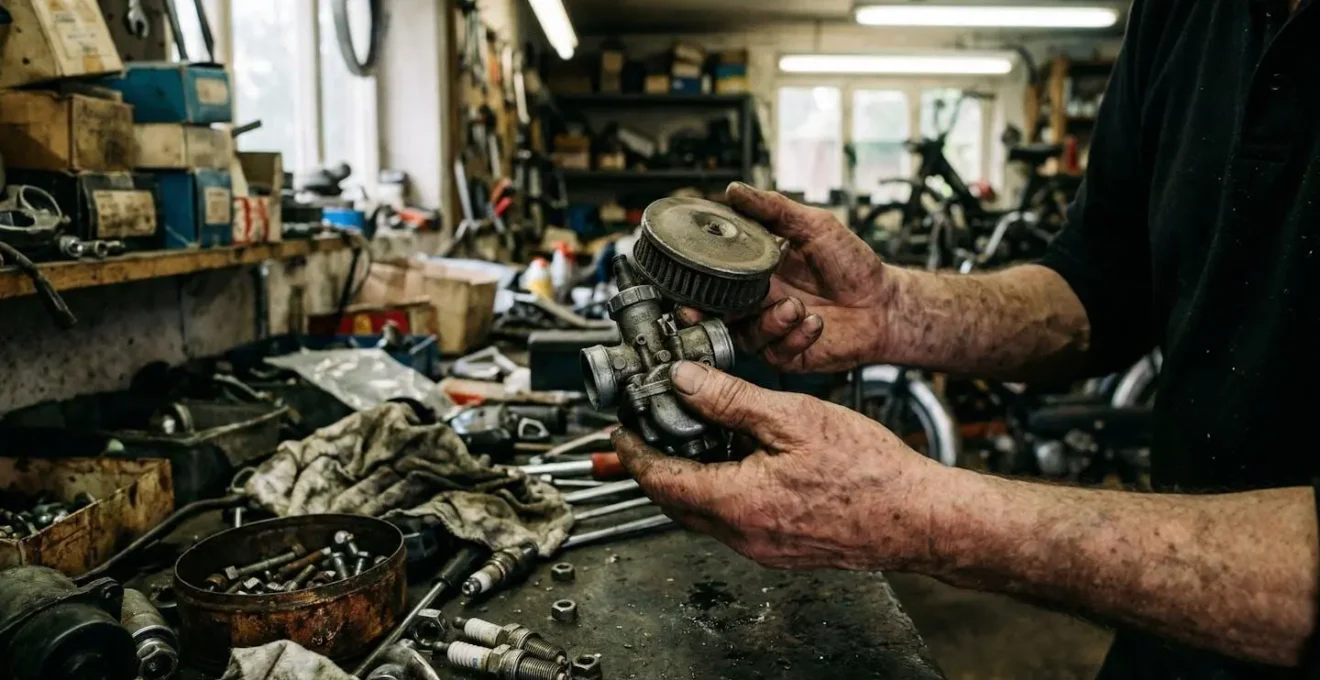 Des mains tiennent deux pièces mécaniques similaires au-dessus d'un établi encombré d'outils dans un garage