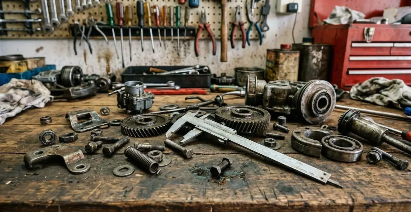 Pied à coulisse et pièces mécaniques Solex sur établi de garage