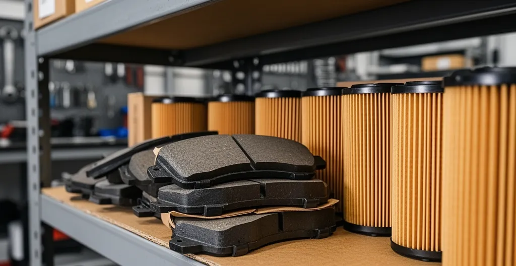 Pièces détachées automobiles organisées sur étagère d'atelier professionnel