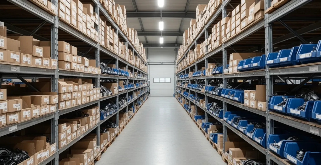 Étagères organisées avec boîtes de pièces détachées dans un entrepôt automobile