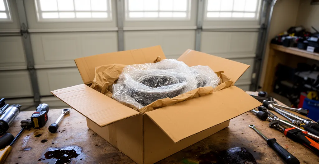 Carton de livraison ouvert contenant des pièces automobiles dans un garage de particulier