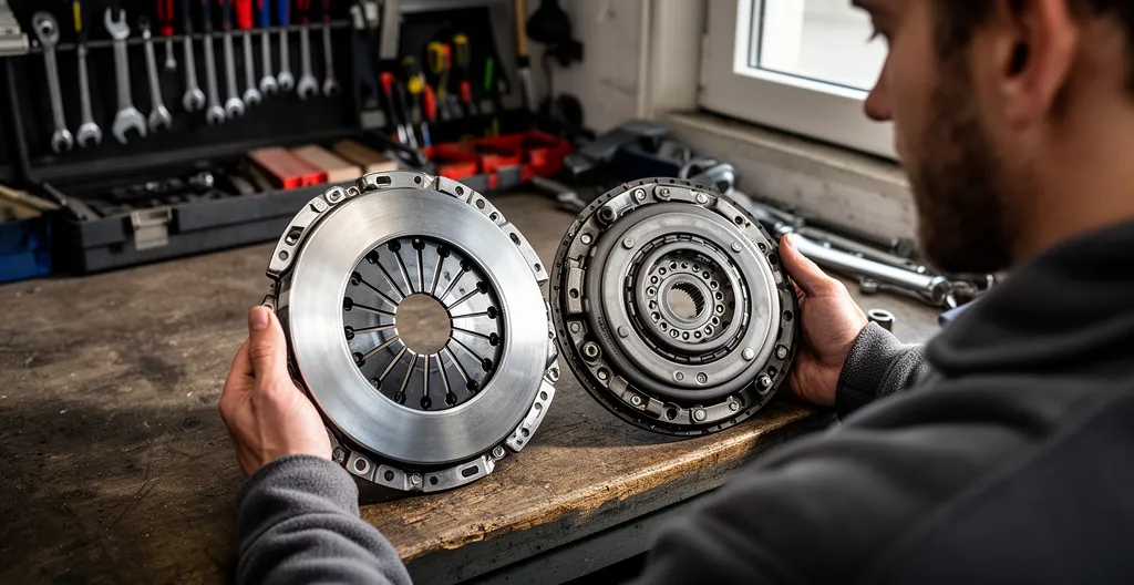 Technicien comparant deux pièces automobiles sur un établi de garage professionnel