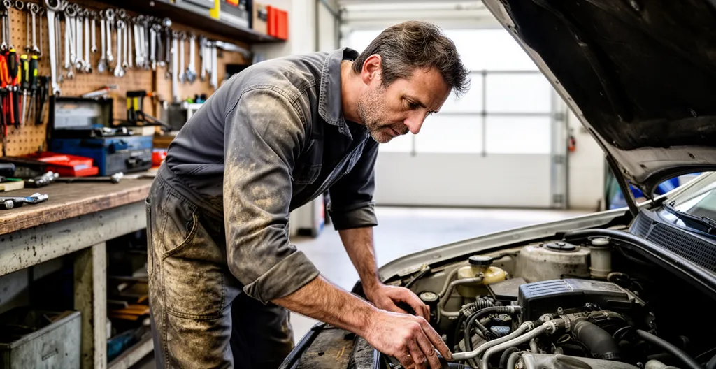 Technicien automobile inspectant un compartiment moteur ouvert dans un atelier