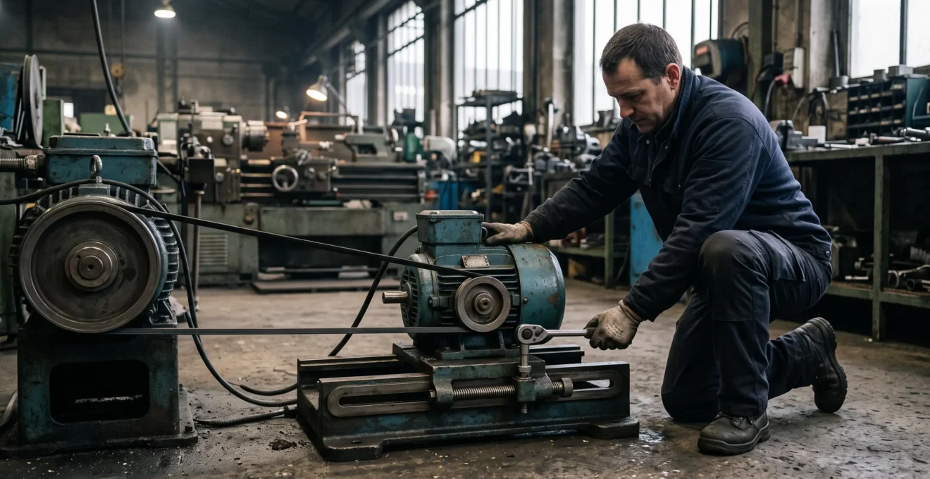 Un ouvrier de maintenance serre le boulon de glissière du moteur pour tendre une courroie Poly-V sur un entraînement industriel.