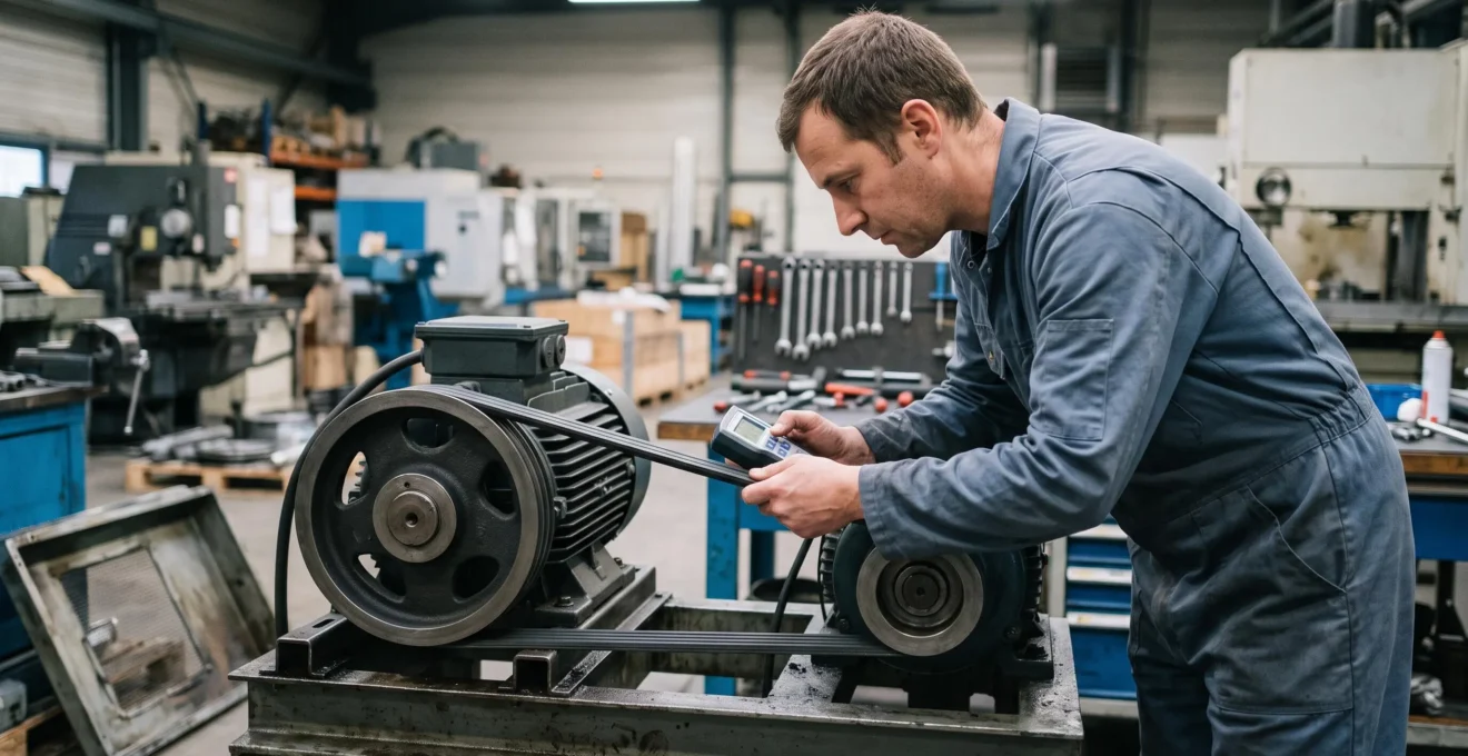 Un technicien mesure la tension d'une courroie Poly-V entre deux poulies à l'aide d'un tensiomètre à fréquence dans un atelier industriel.