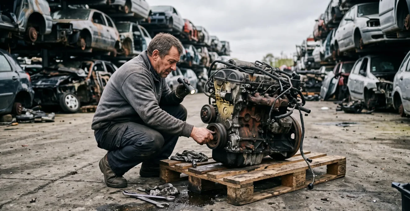 Un mécanicien inspecte un moteur d'occasion posé sur une palette dans une casse automobile.
