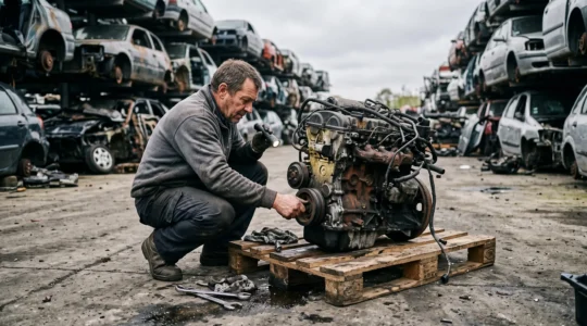 Un mécanicien inspecte un moteur d'occasion posé sur une palette dans une casse automobile.