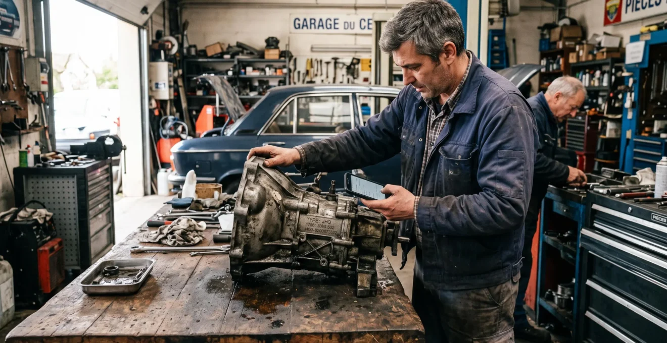 Un automobiliste compare le code d'une boîte de vitesses avec les informations sur son téléphone.